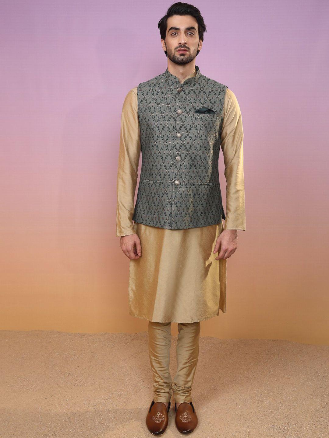 kisah mandarin collar straight kurta with churidar & nehru jacket