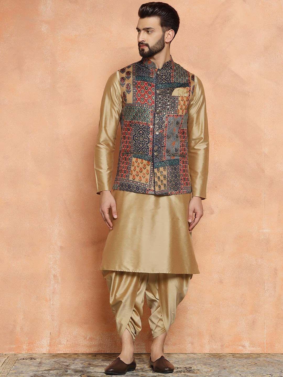 kisah mandarin collar straight kurta with dhoti pants & nehru jacket