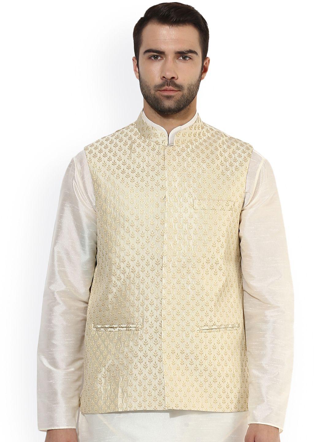 kisah men beige patterned nehru jacket