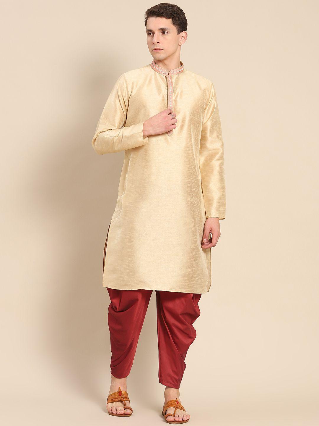 kisah men beige solid kurta with dhoti pants