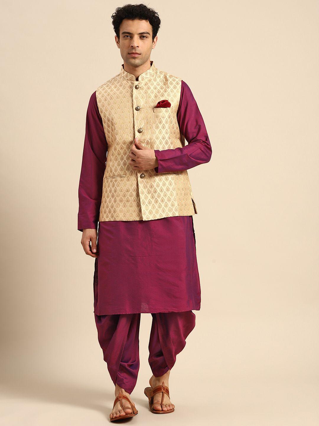 kisah men beige woven design kurta jacket set with dhoti pants
