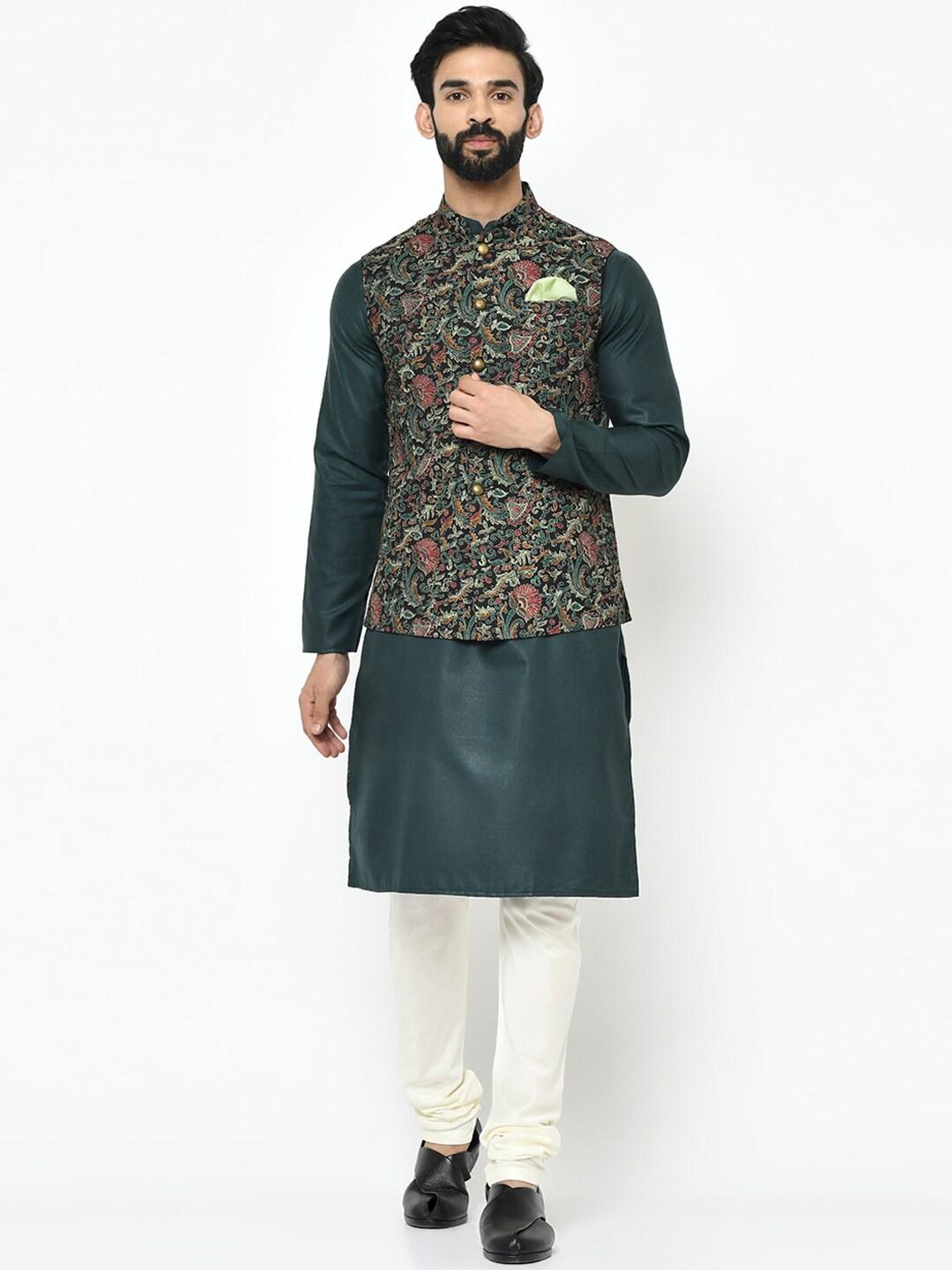kisah men black & green solid kurta with pyjamas with nehru jacket