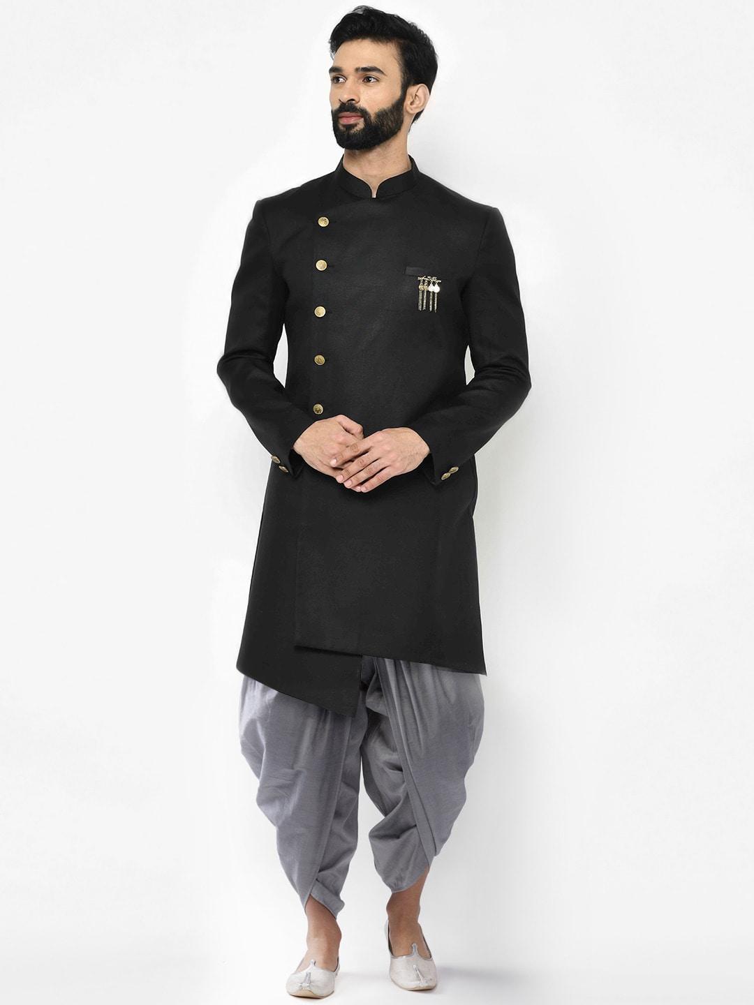 kisah men black & grey solid cotton sherwani set