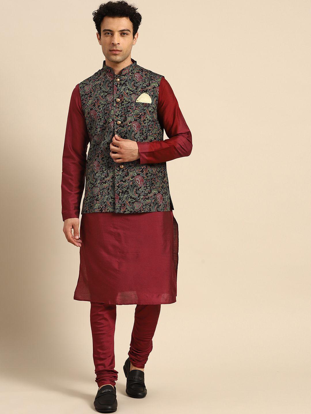 kisah men black ethnic motifs printed kurta jacket set with churidar