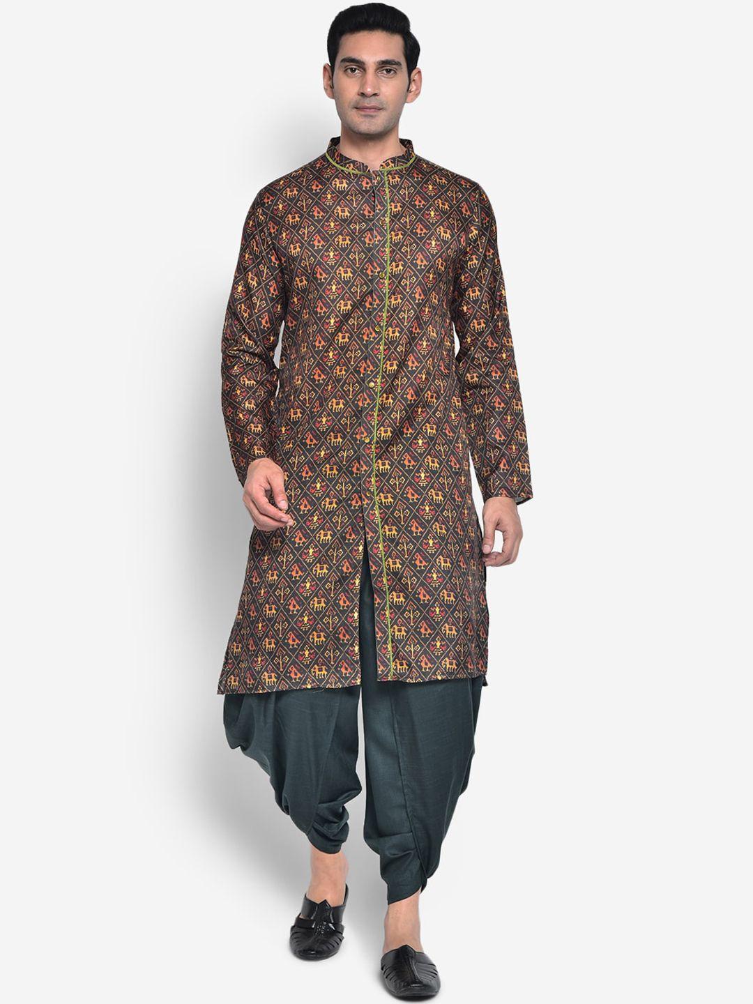 kisah men black ethnic motifs printed kurta with dhoti pants