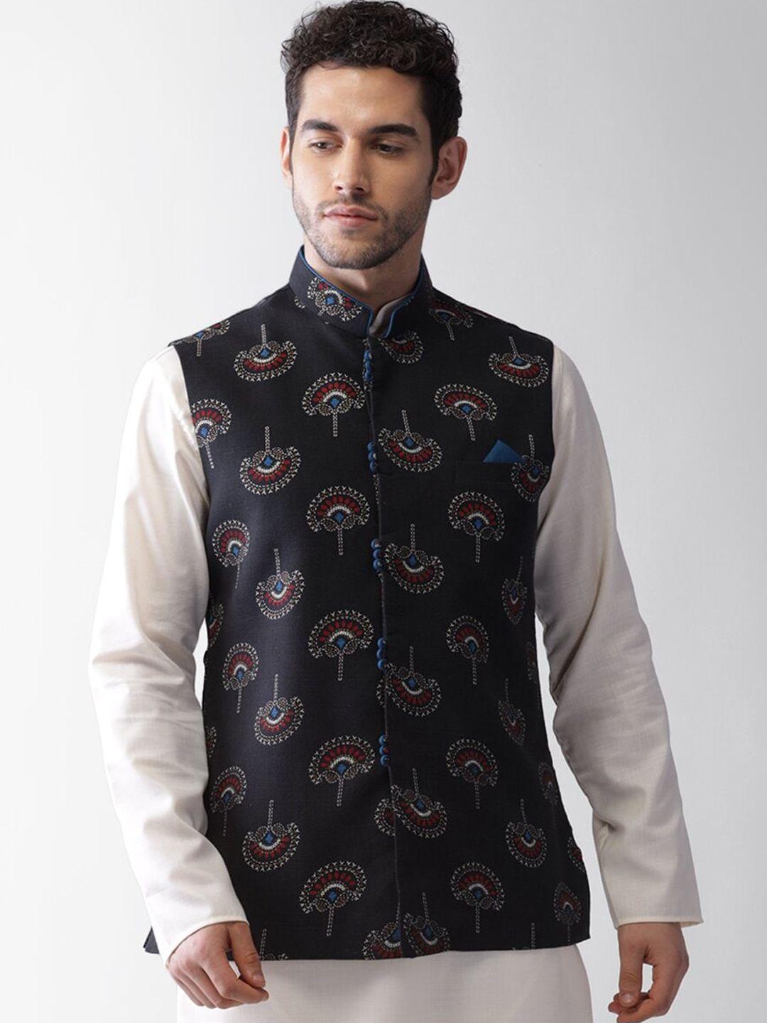 kisah-men-black-printed-nehru-jacket