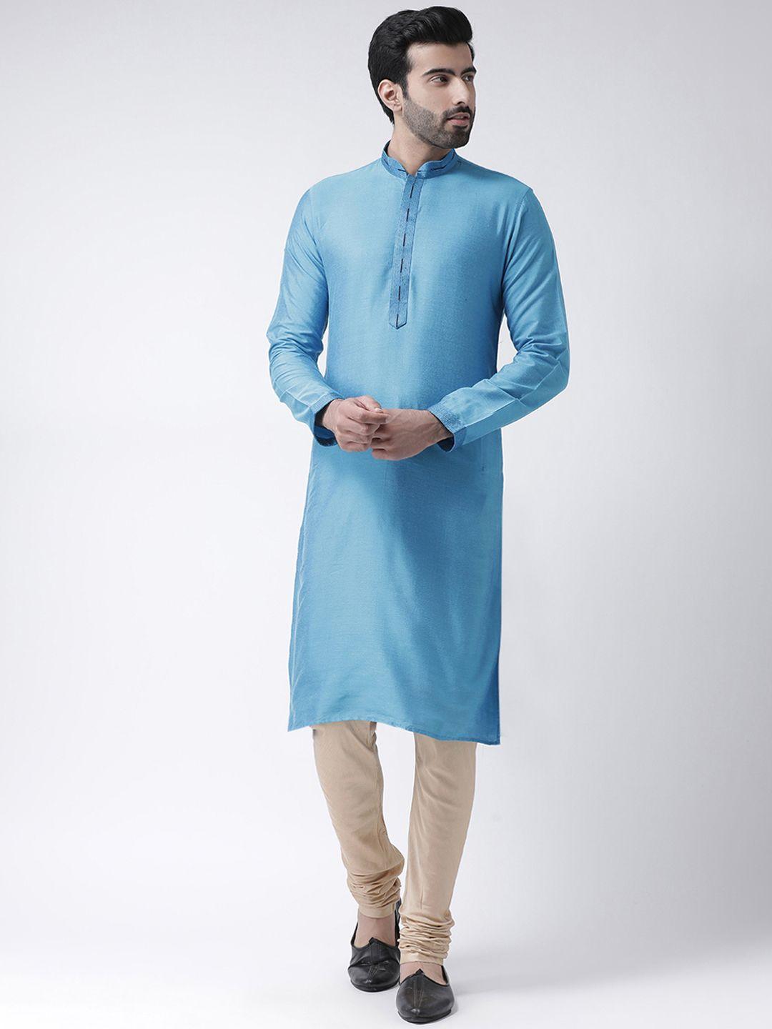 kisah men blue & cream-coloured solid kurta with churidar