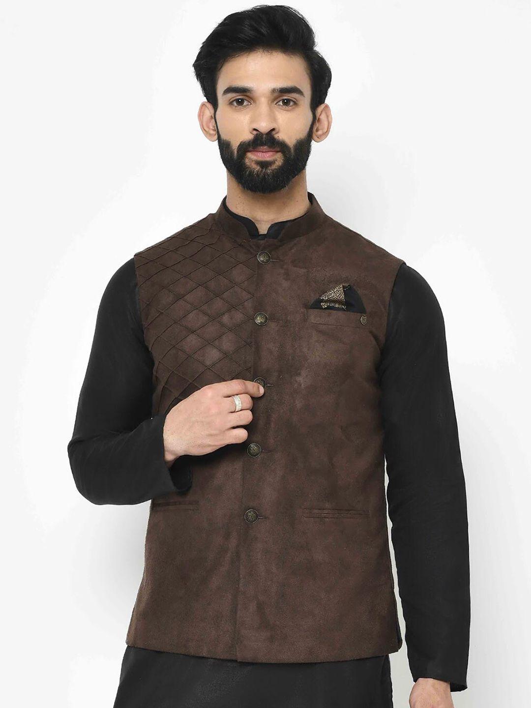 kisah-men-brown-solid-woven-nehru-jacket