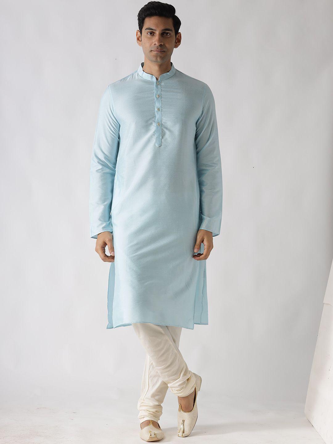 kisah men cream & blue cotton blend solid straight kurta with churidar & printed jacket