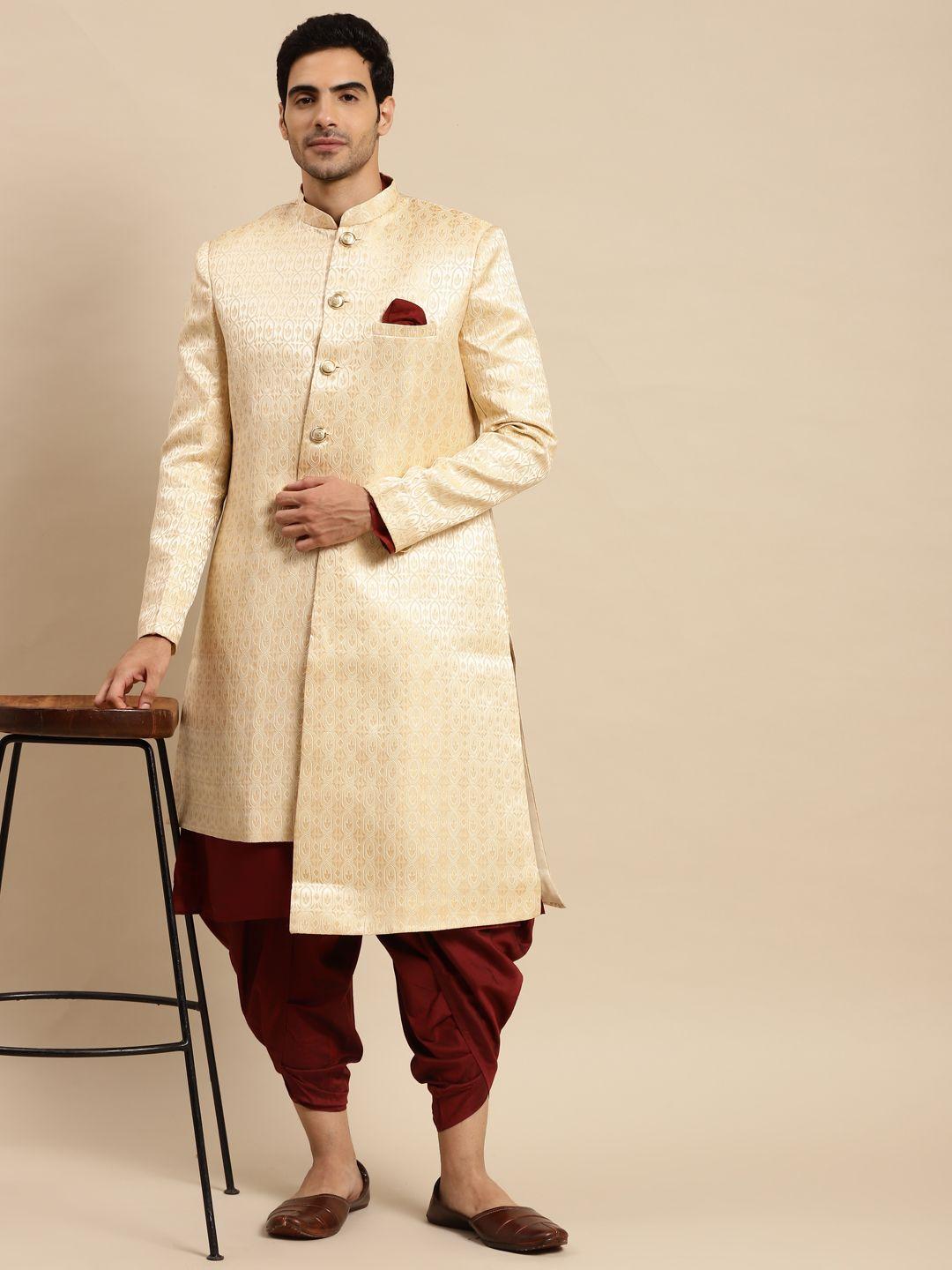 kisah men cream & maroon woven design cotton sherwani set