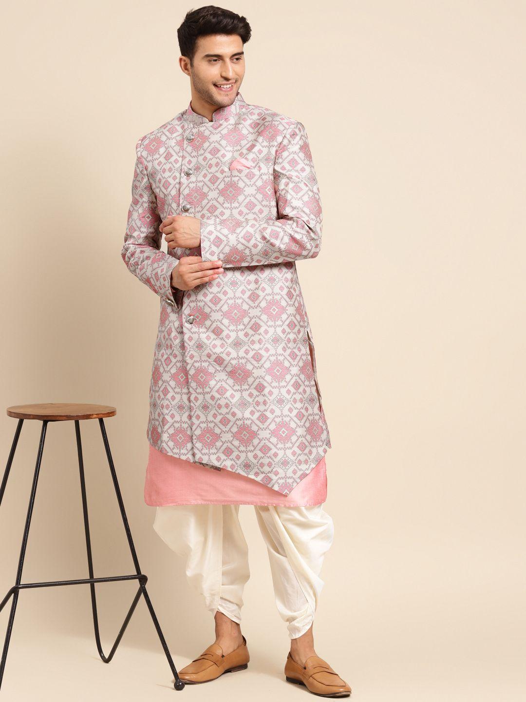kisah men cream & pink printed cotton sherwani set