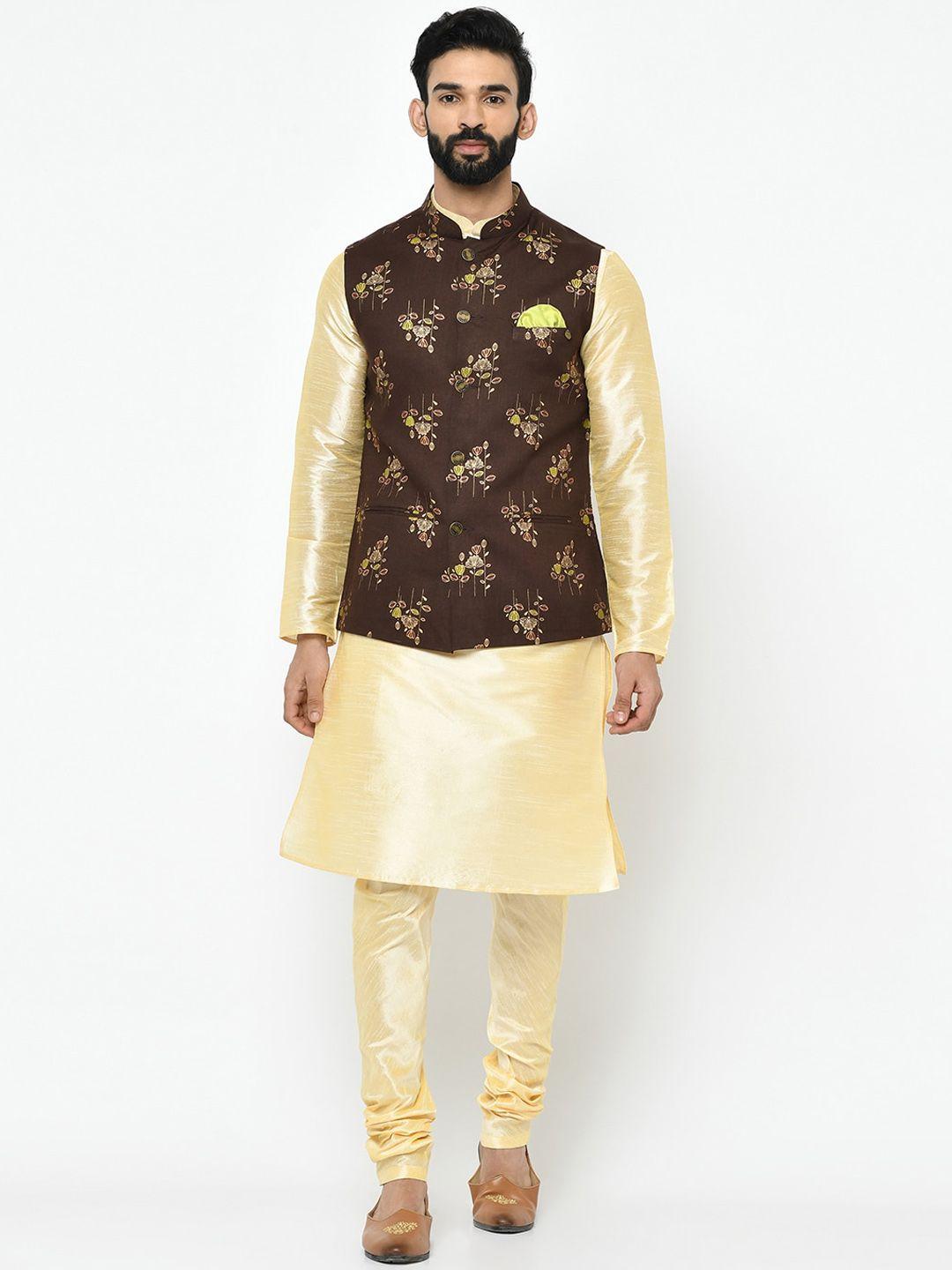 kisah men cream-coloured solid kurta set with jacket