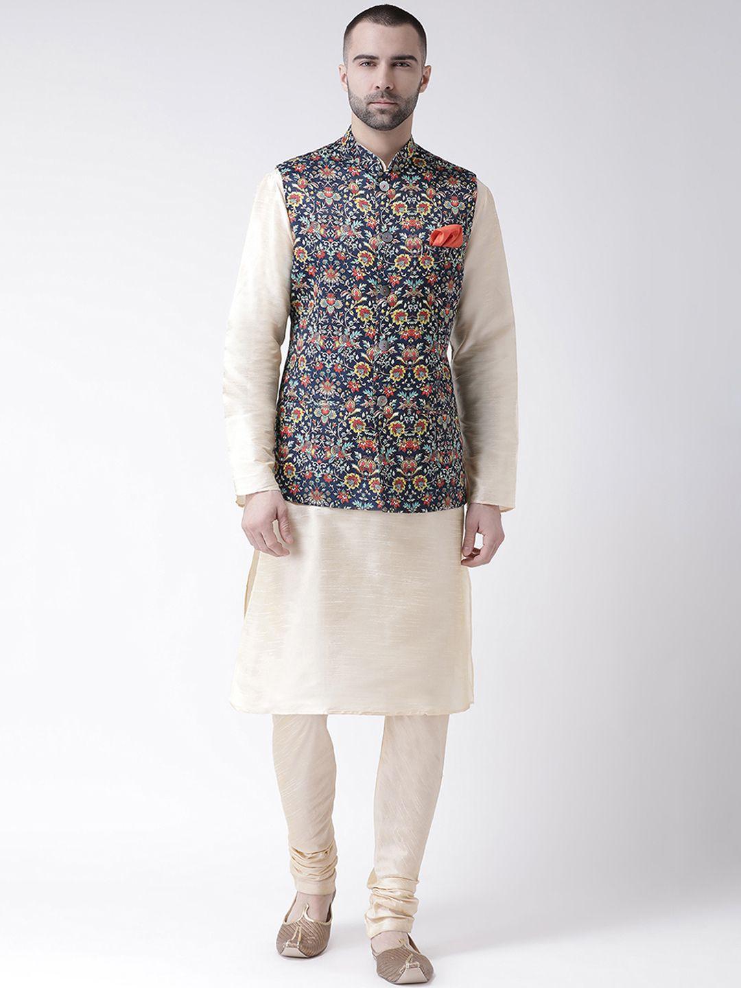 kisah men cream-coloured solid kurta with churidar & multicoloured printed nehru jacket