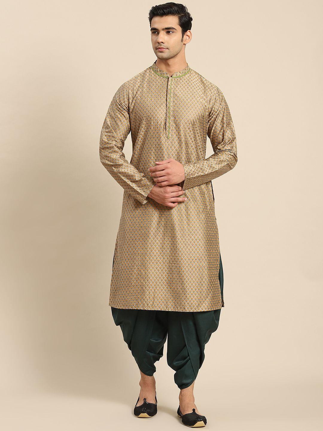 kisah men golden & green ethnic motifs printed kurta with dhoti pants