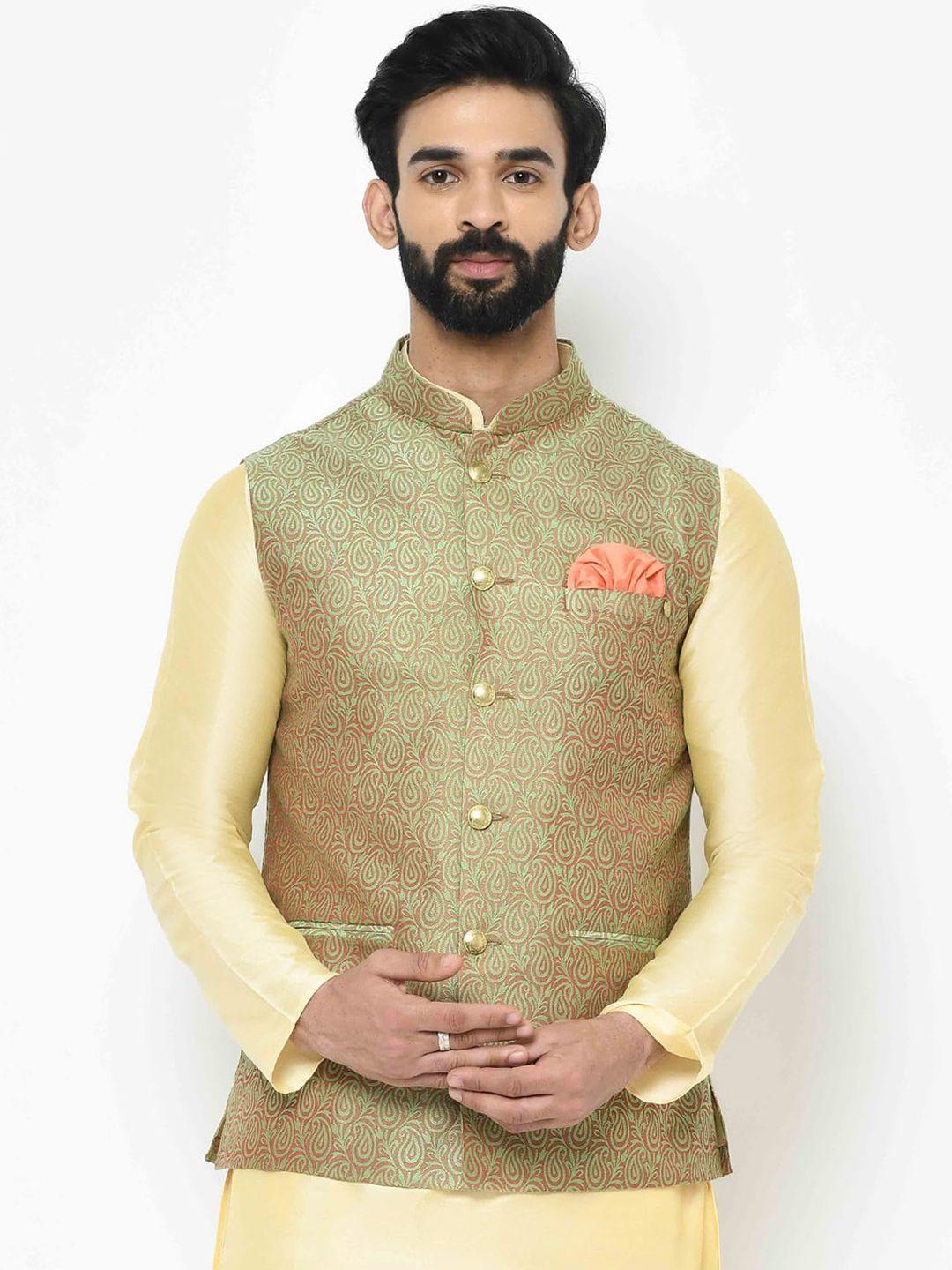 kisah-men-green-&-brown-woven-design-nehru-jacket