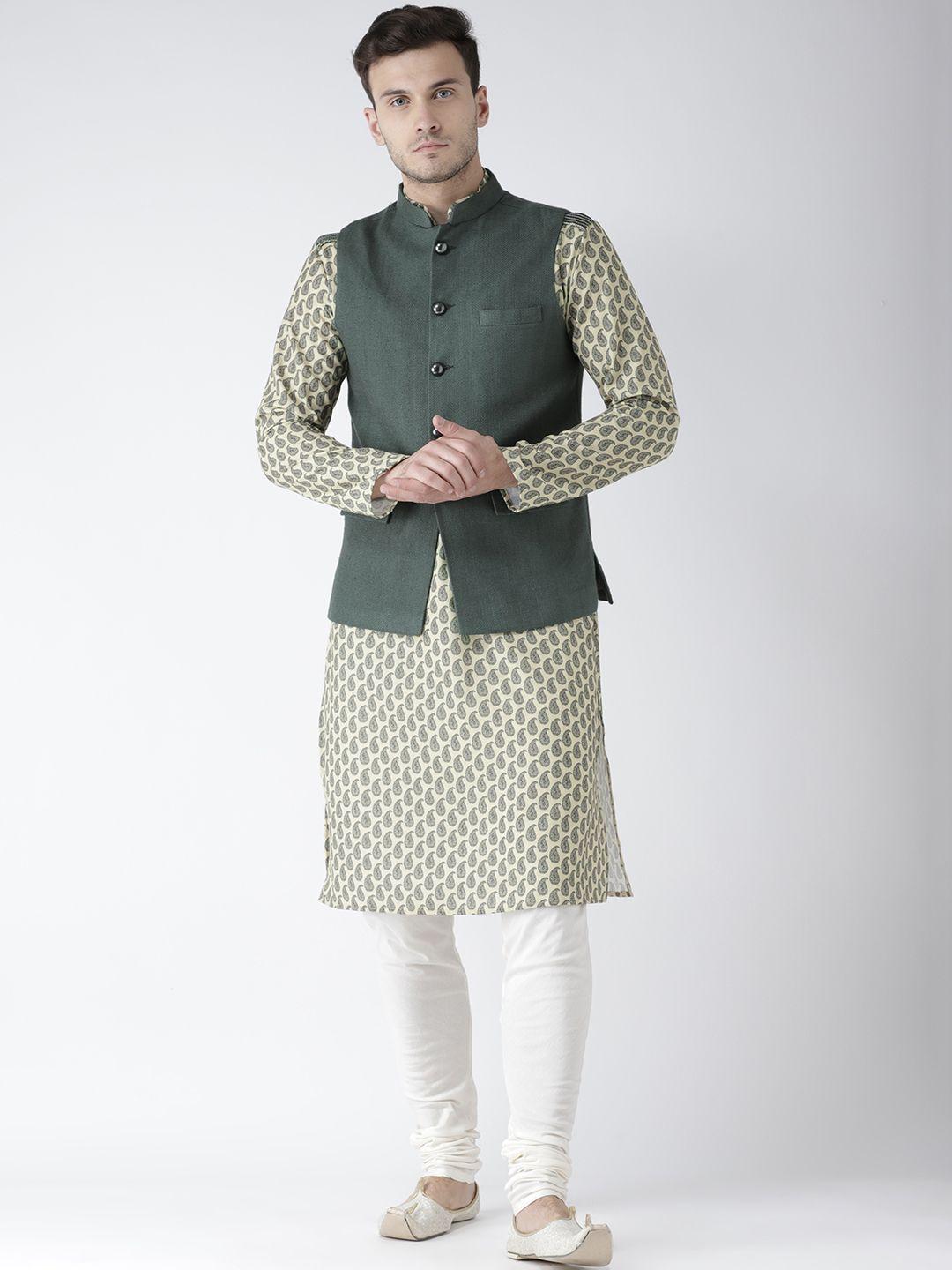 kisah men green & cream-coloured solid churidar kurta with nehru jacket