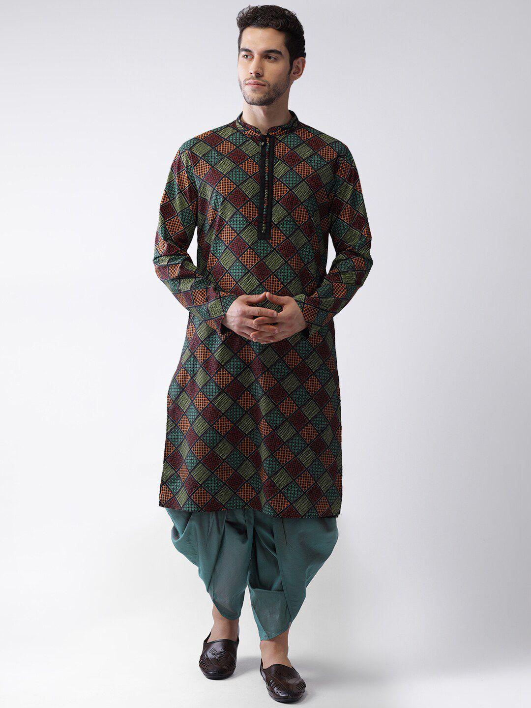 kisah men green & maroon printed straight kurta with dhoti pants