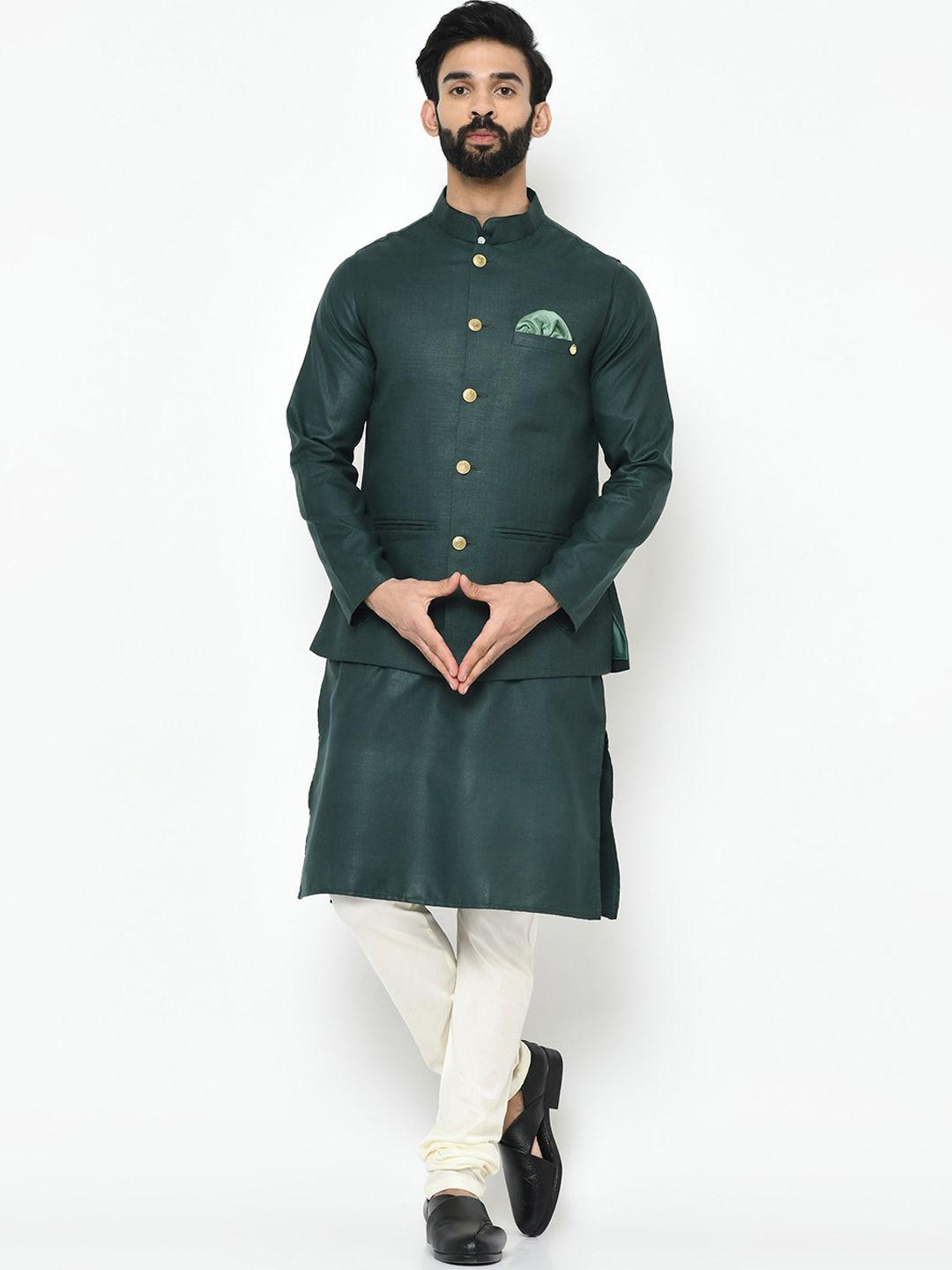 kisah men green & off-white solid kurta with churidar