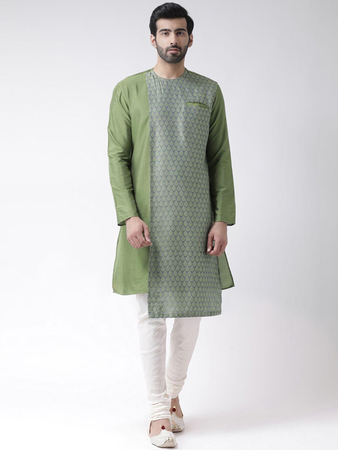 kisah men green & white self design kurta with churidar