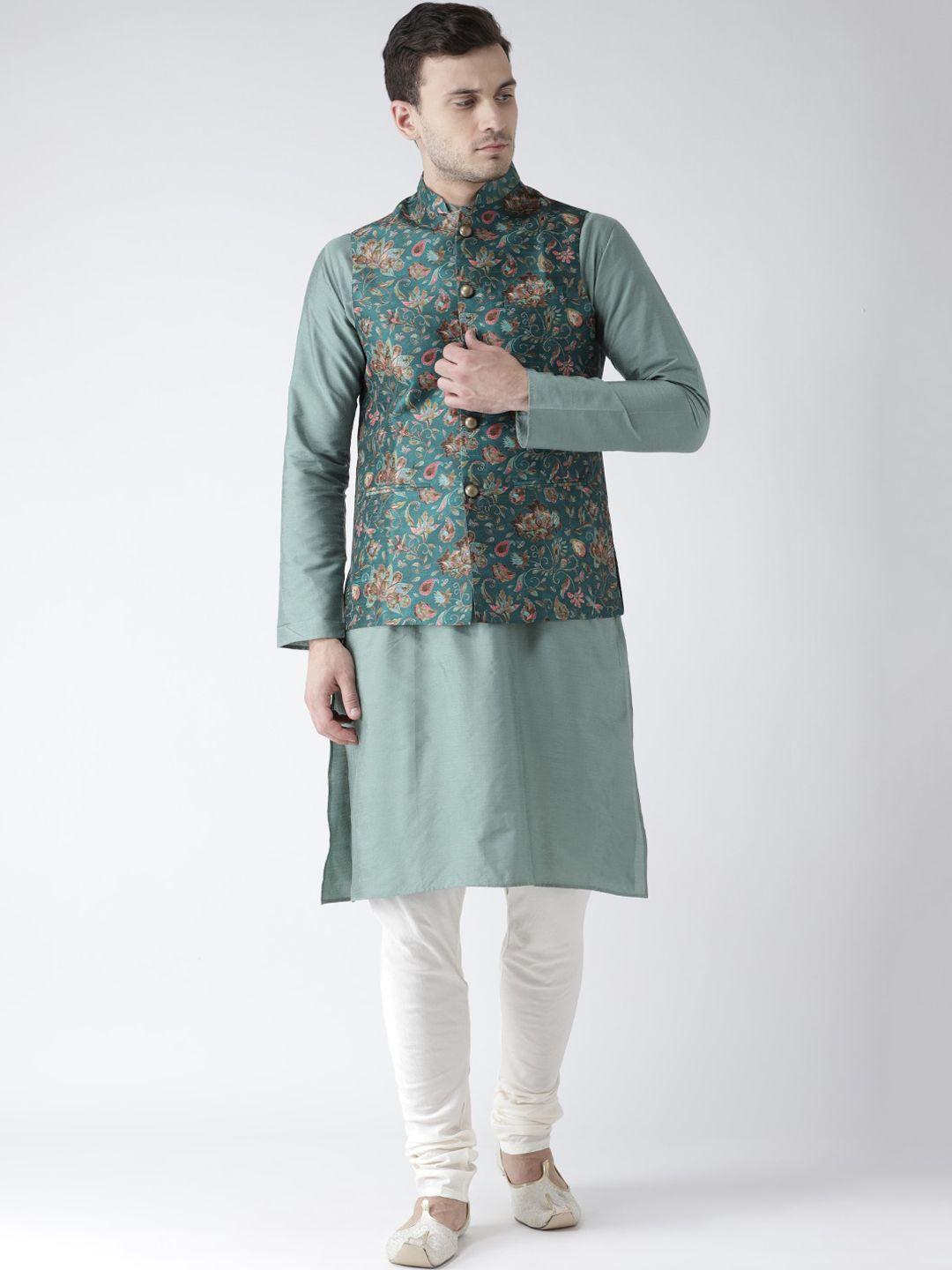 kisah men green regular kurta with pyjamas & printed nehru jacket