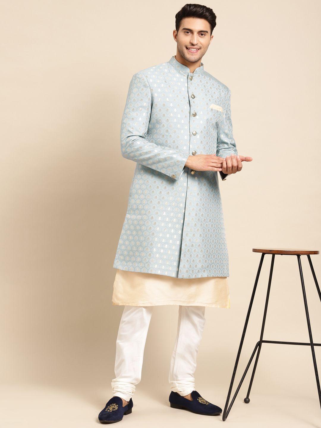 kisah men grey & beige printed sherwani with jacket
