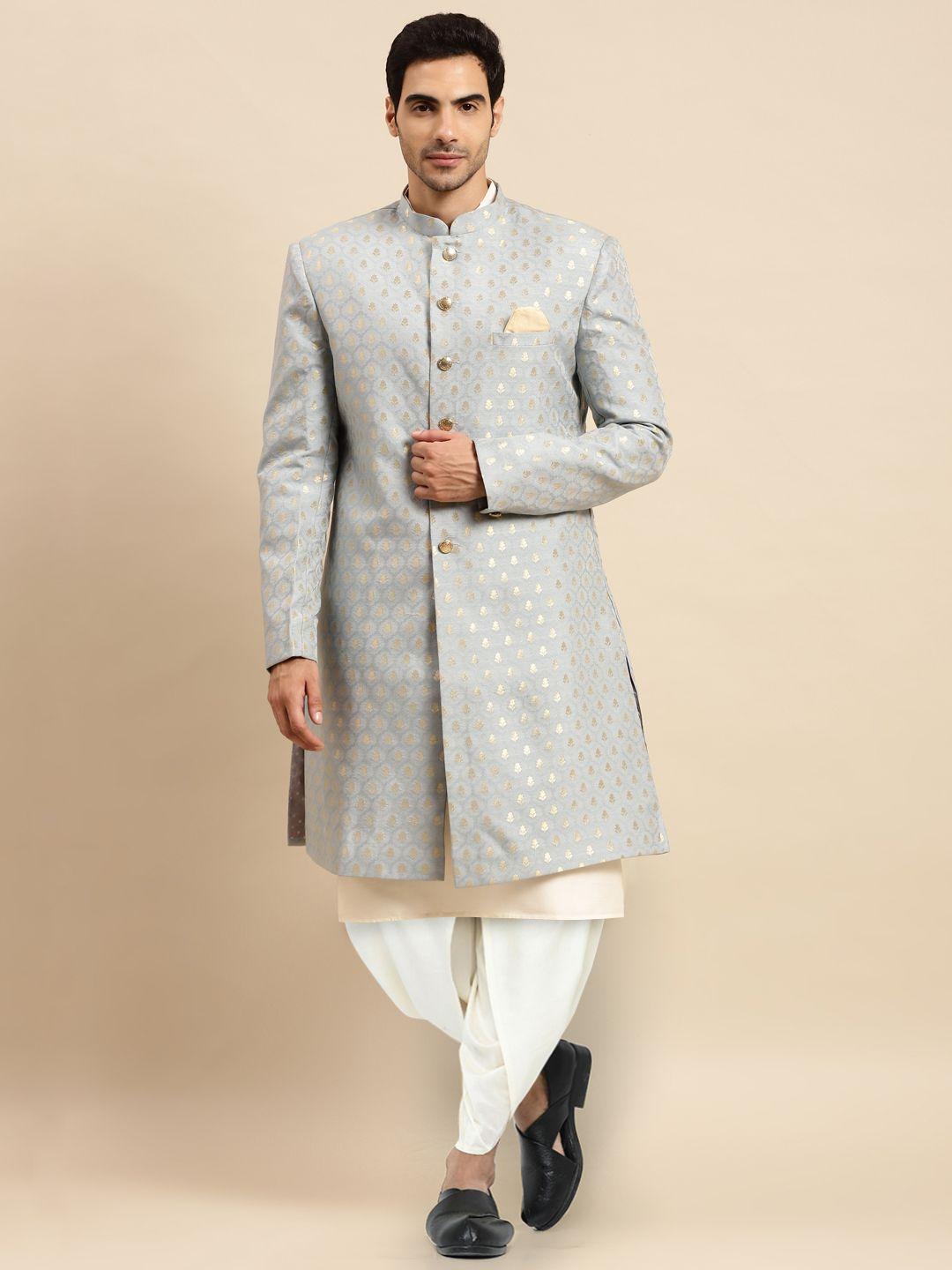 kisah men grey & white printed cotton sherwani set