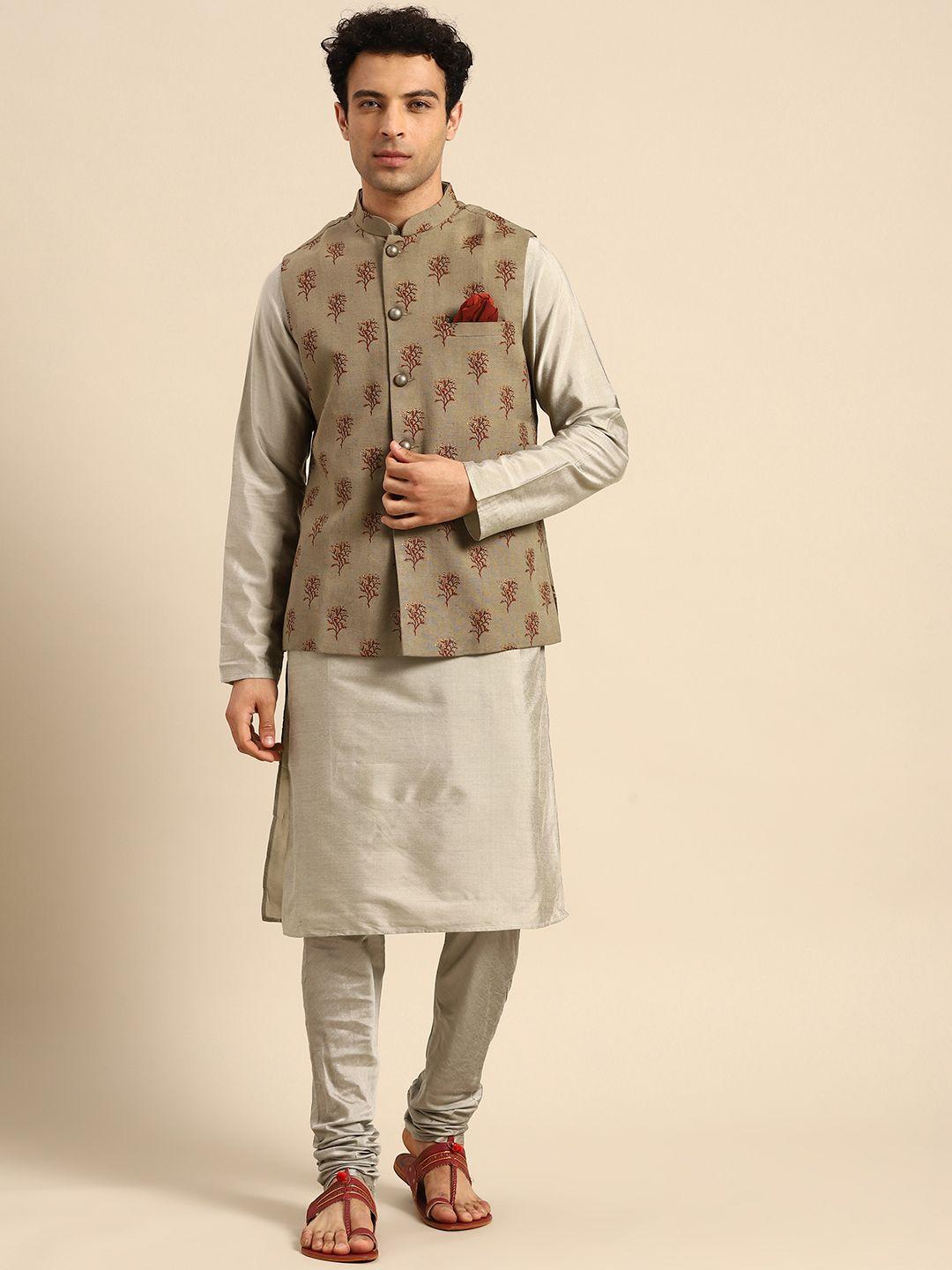 kisah men grey ethnic motifs printed kurta jacket set with churidar