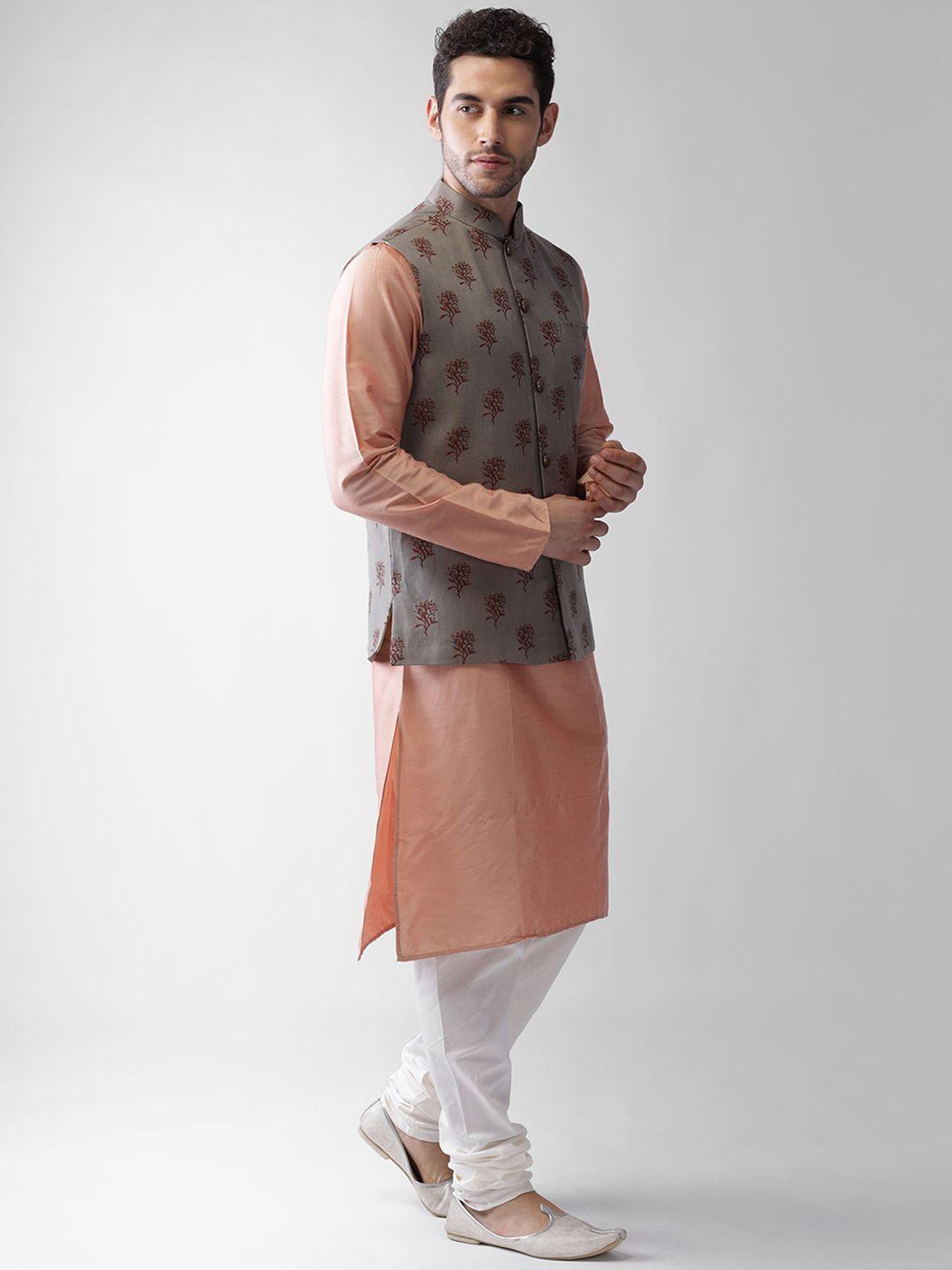 kisah men khaki & pink regular kurta with pyjamas & jacket