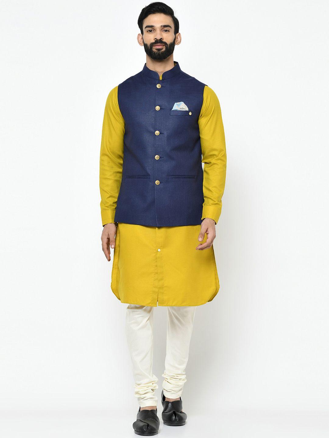 kisah men lime green & off-white kurta with churidar & nehru jacket