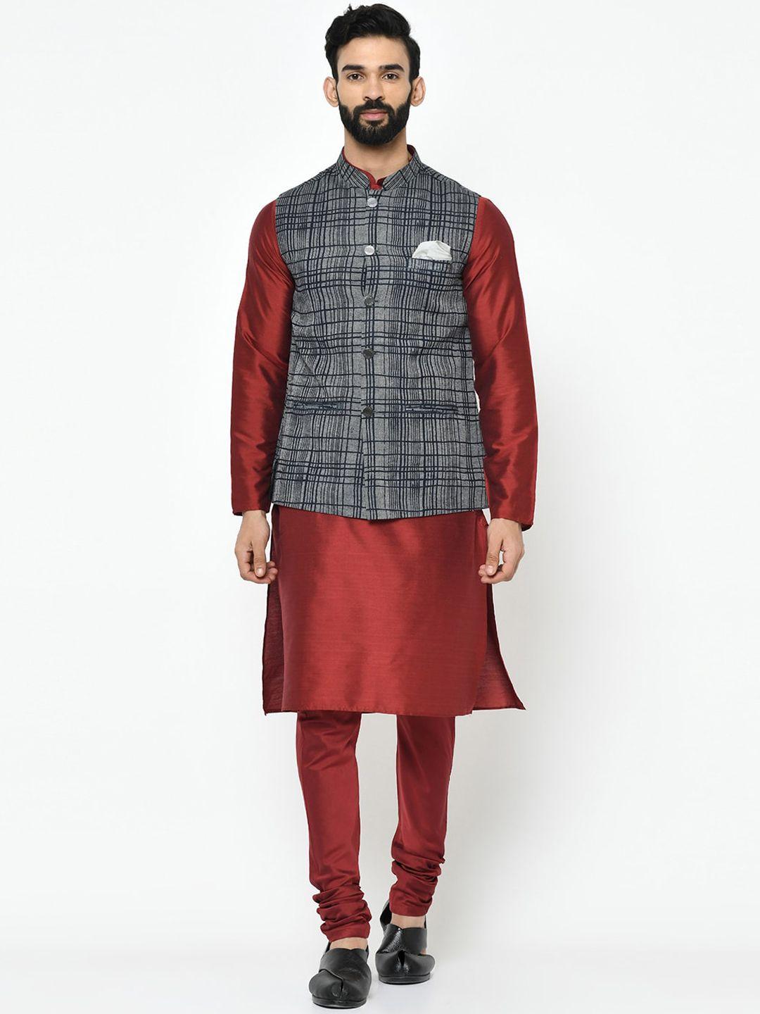 kisah men maroon & grey solid kurta with pyjamas & nehru jacket
