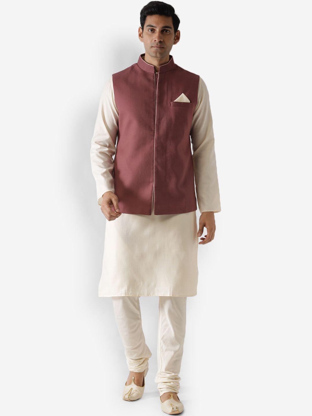 kisah men maroon & white solid kurta with churidar & jacket