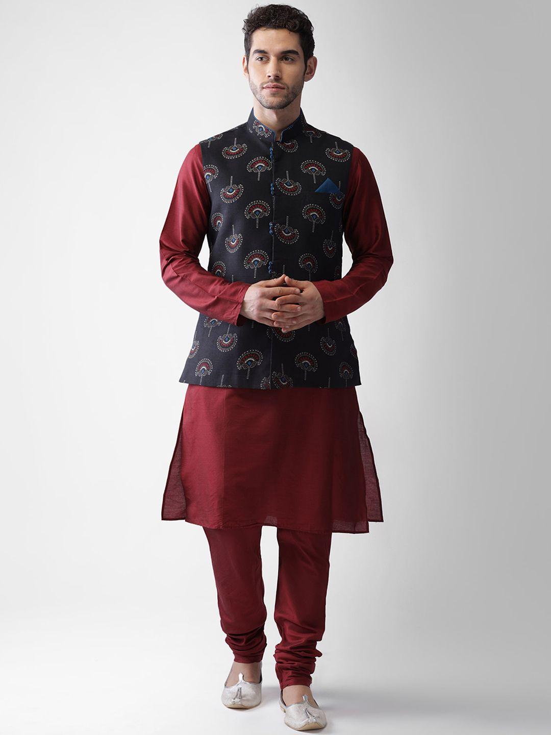 kisah men maroon and black kurta with churidar and ethnic motifs printed nehru jacket