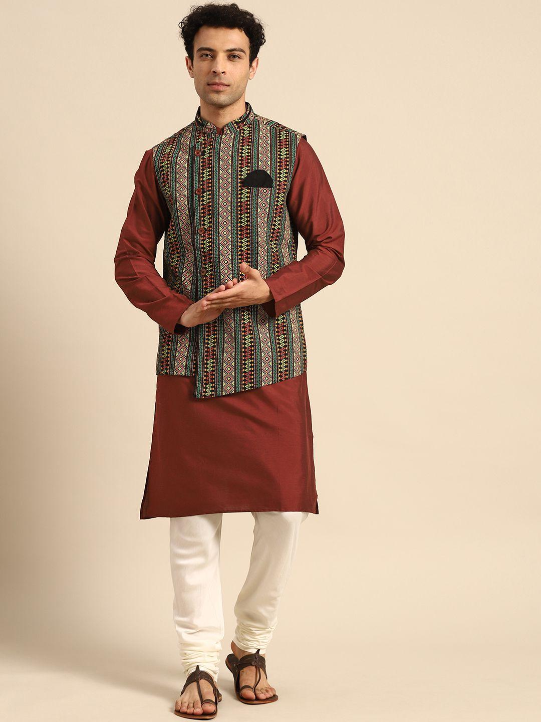 kisah men maroon ethnic motifs printed kurta jacket set with churidar
