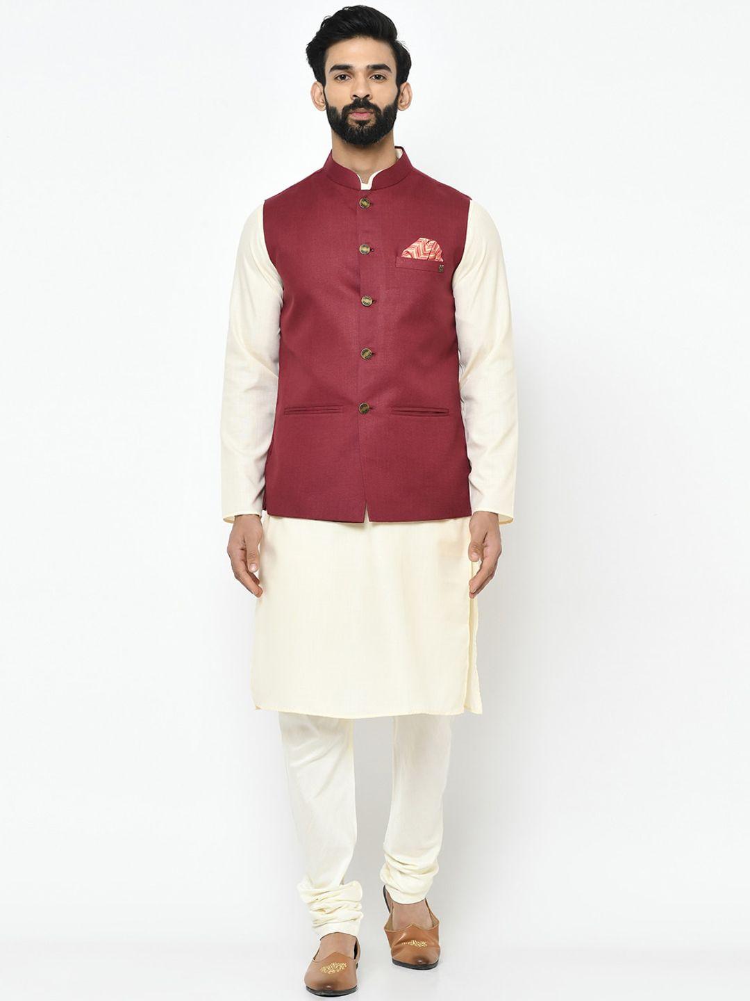 kisah men maroon kurta with churidhar & nehru jacket
