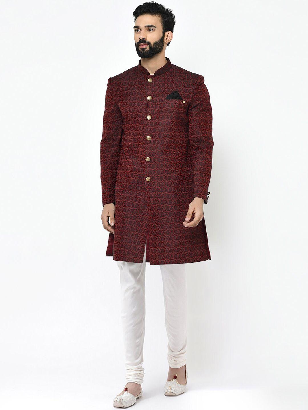 kisah men maroon printed cotton sherwani set