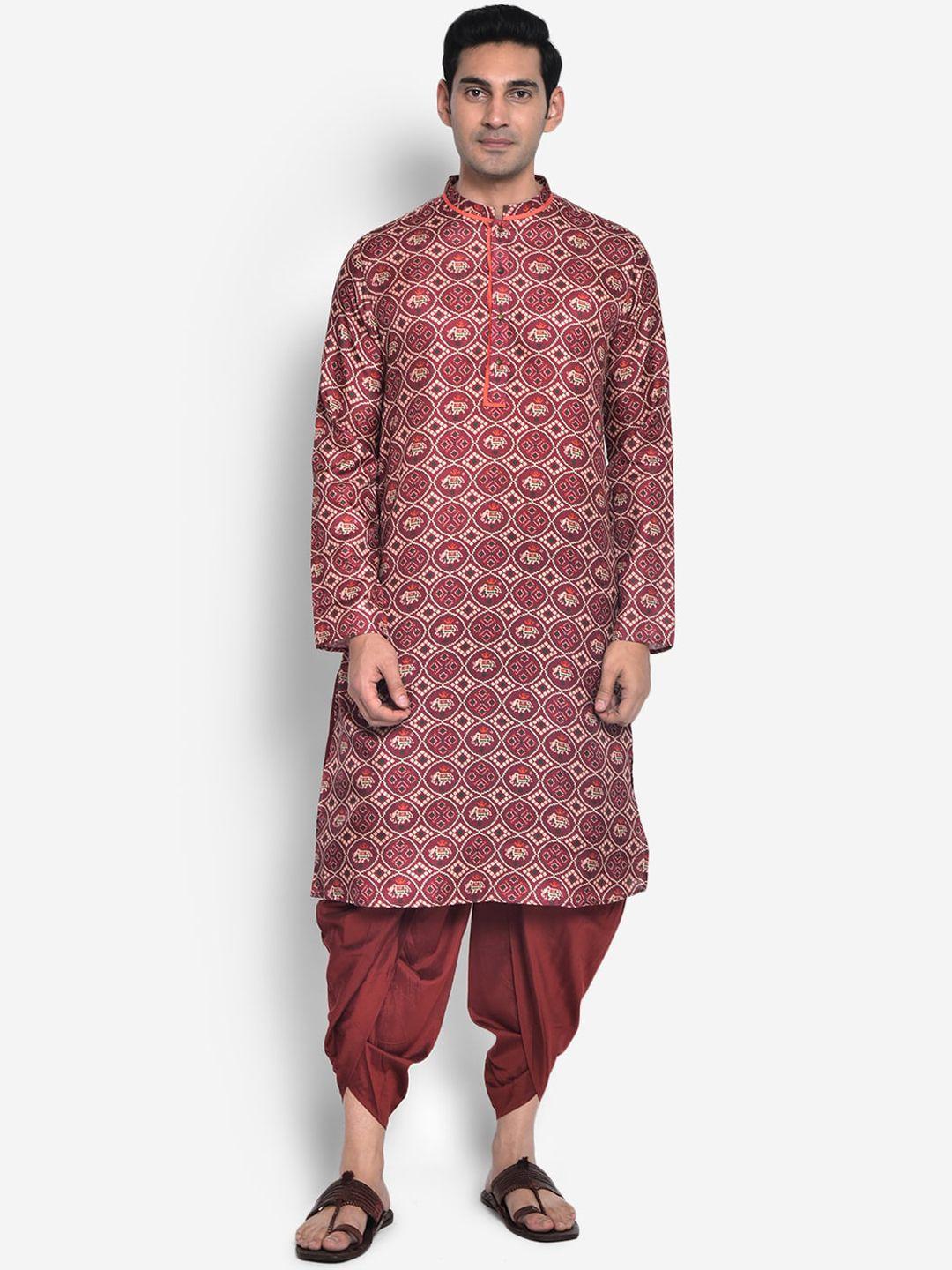 kisah men maroon printed kurta with dhoti pants