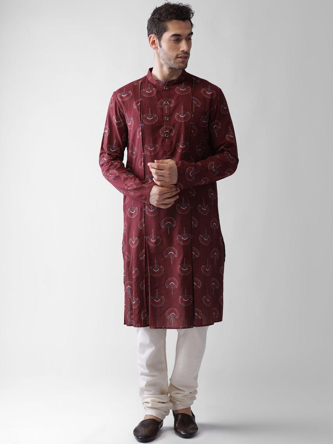kisah men maroon printed regular kurta with pyjamas