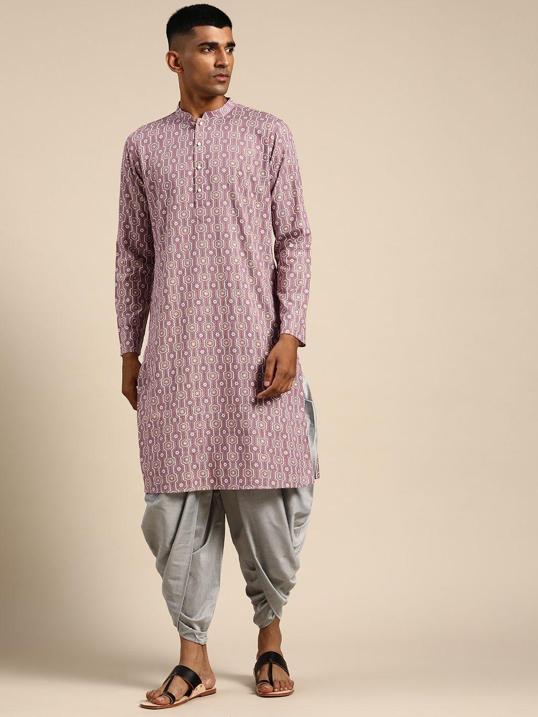 kisah men mauve ethnic motifs printed pure cotton kurta with dhoti pants