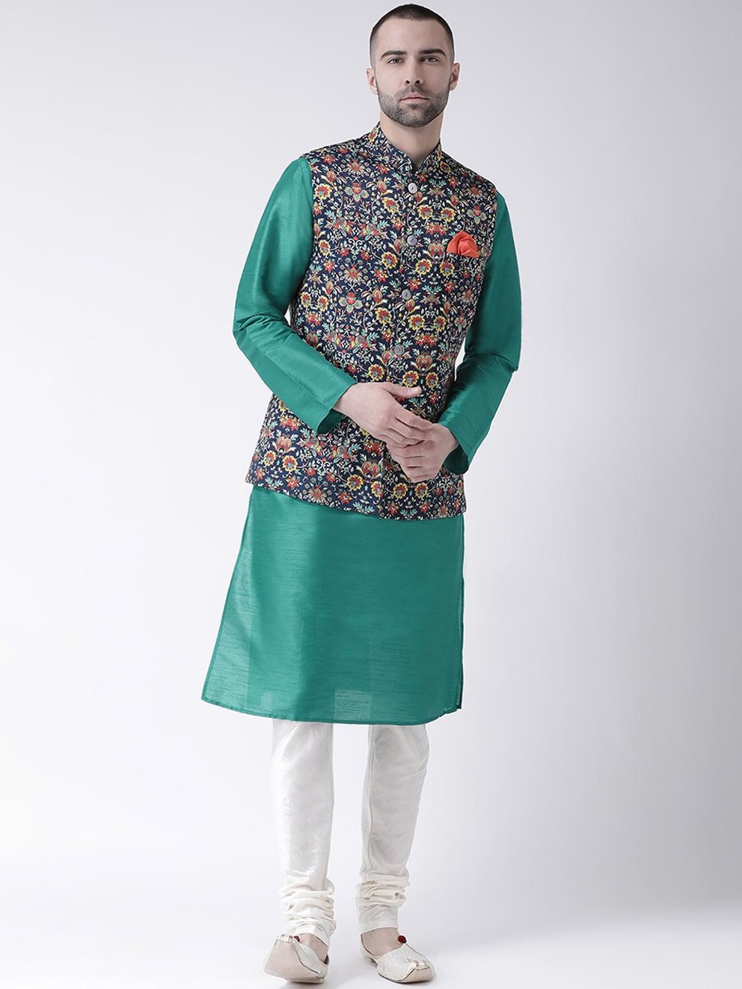 kisah men multicoloured printed kurta with churidar & nehru jacket