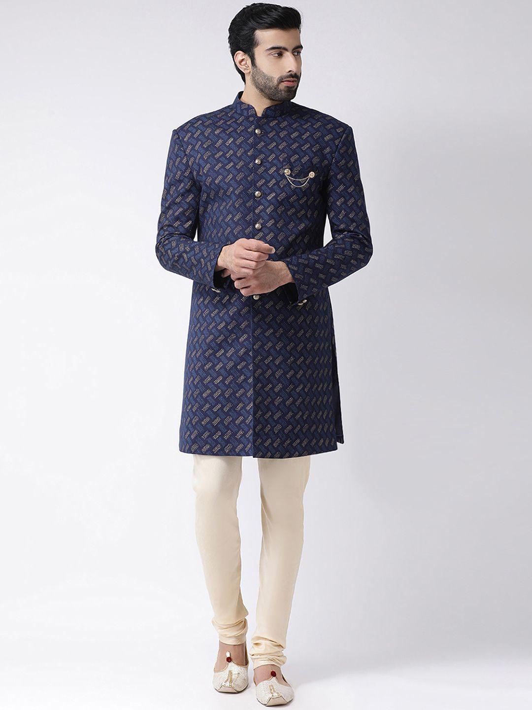 kisah men navy blue & cream-coloured handloom woven design sherwani