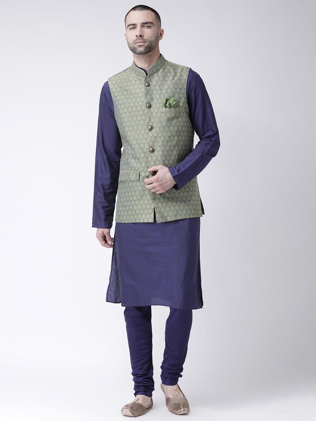 kisah men navy blue & green solid churidar kurta with nehru jacket