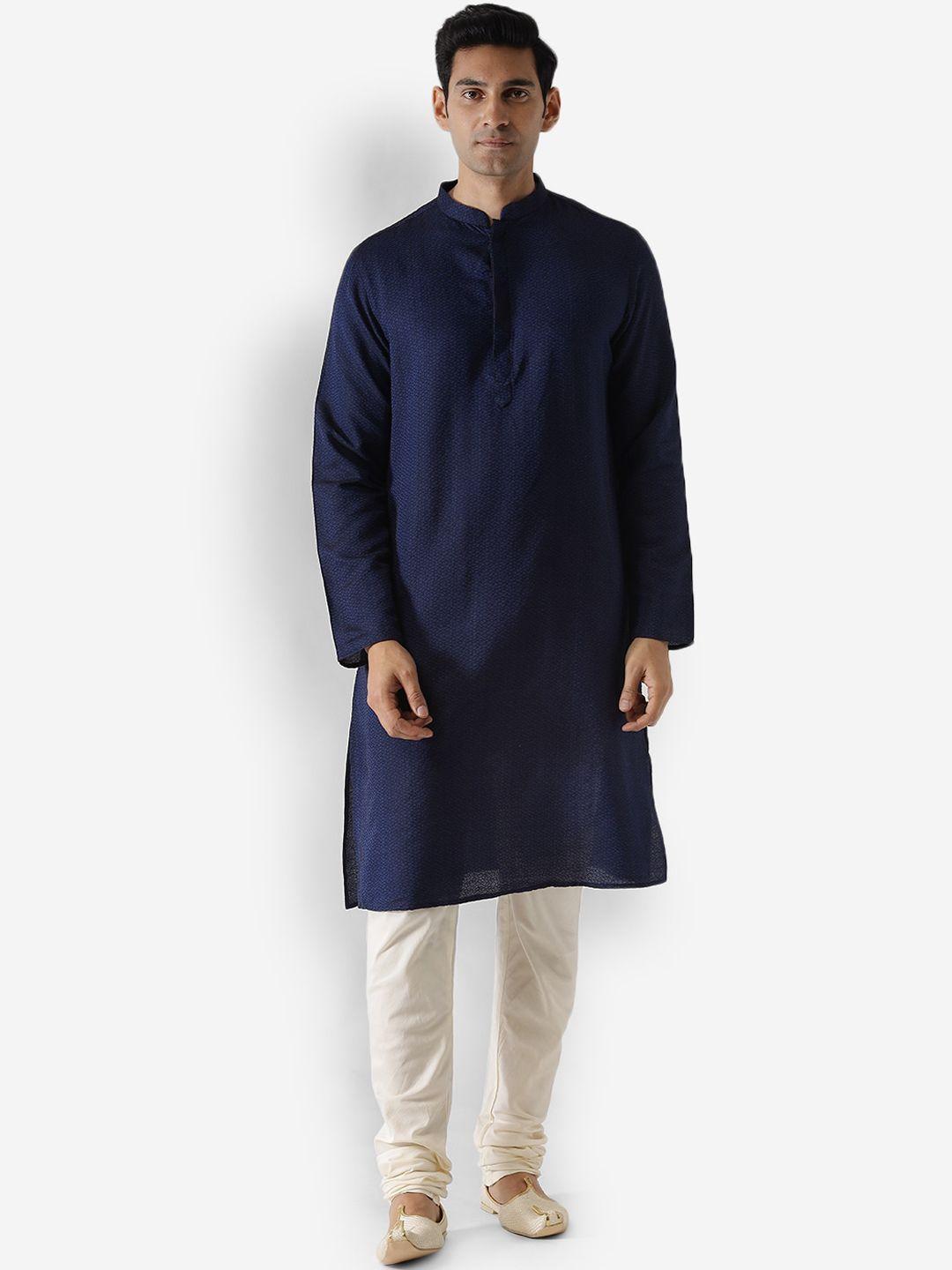 kisah men navy blue & off-white printed kurta with churidar
