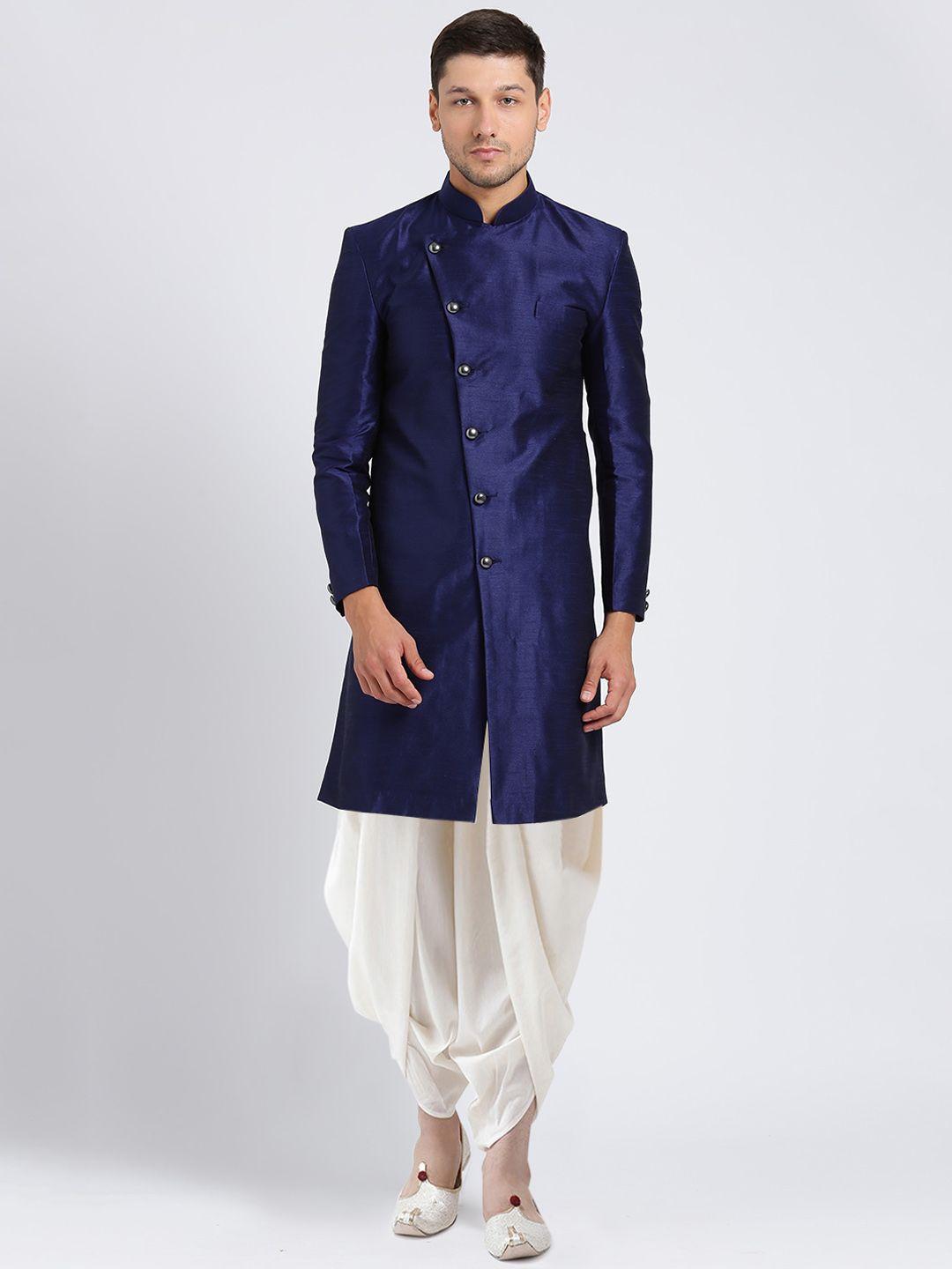 kisah men navy blue & white solid silk sherwani set