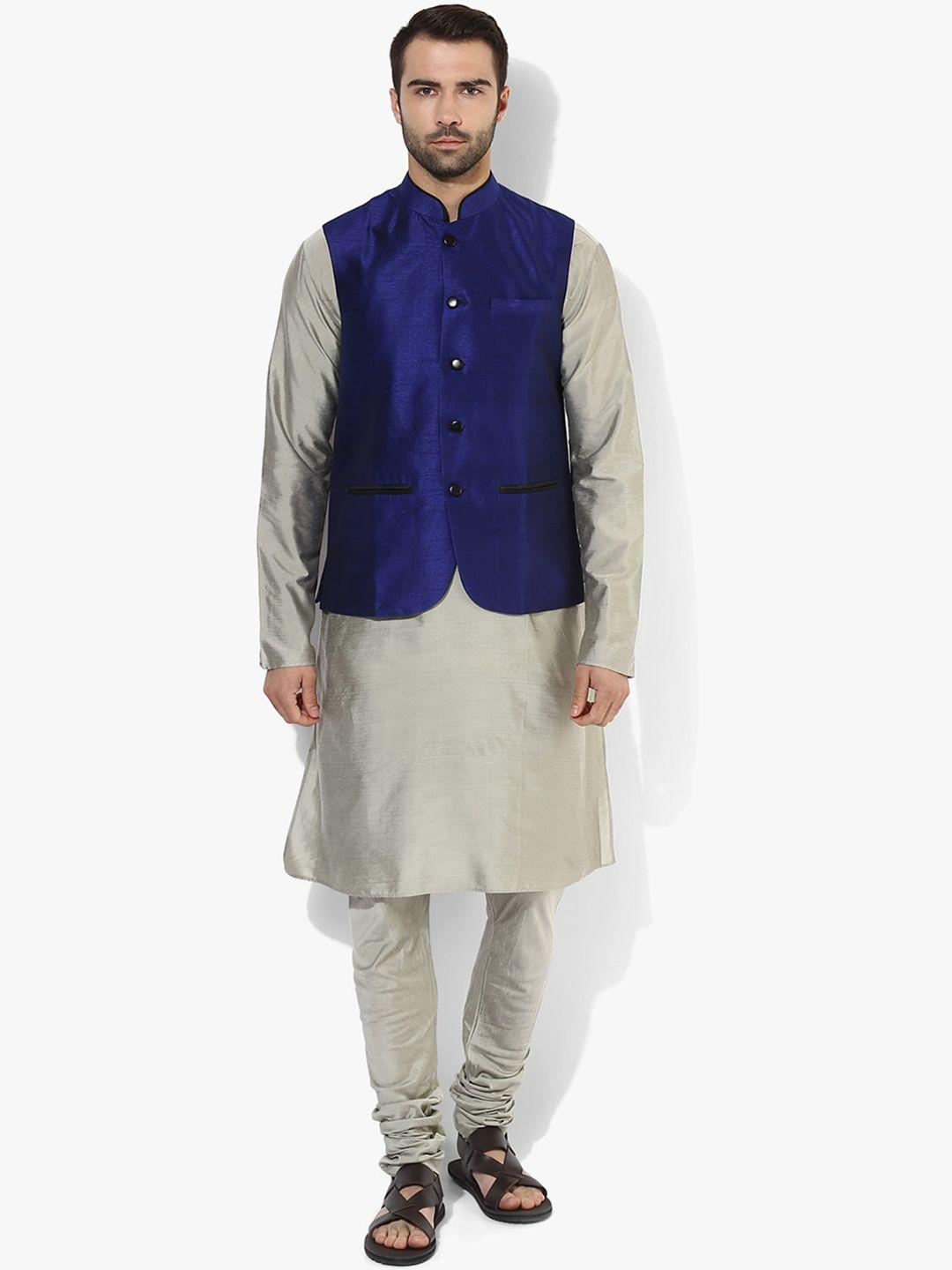 kisah men navy blue kurta with churidar & nehru jacket