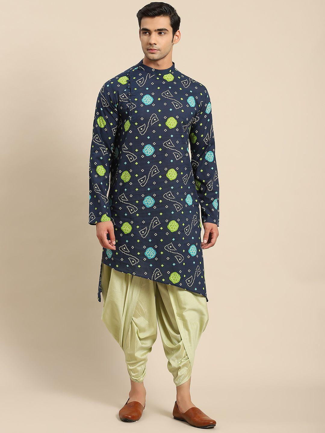 kisah men navy blue printed kurta with dhoti pants