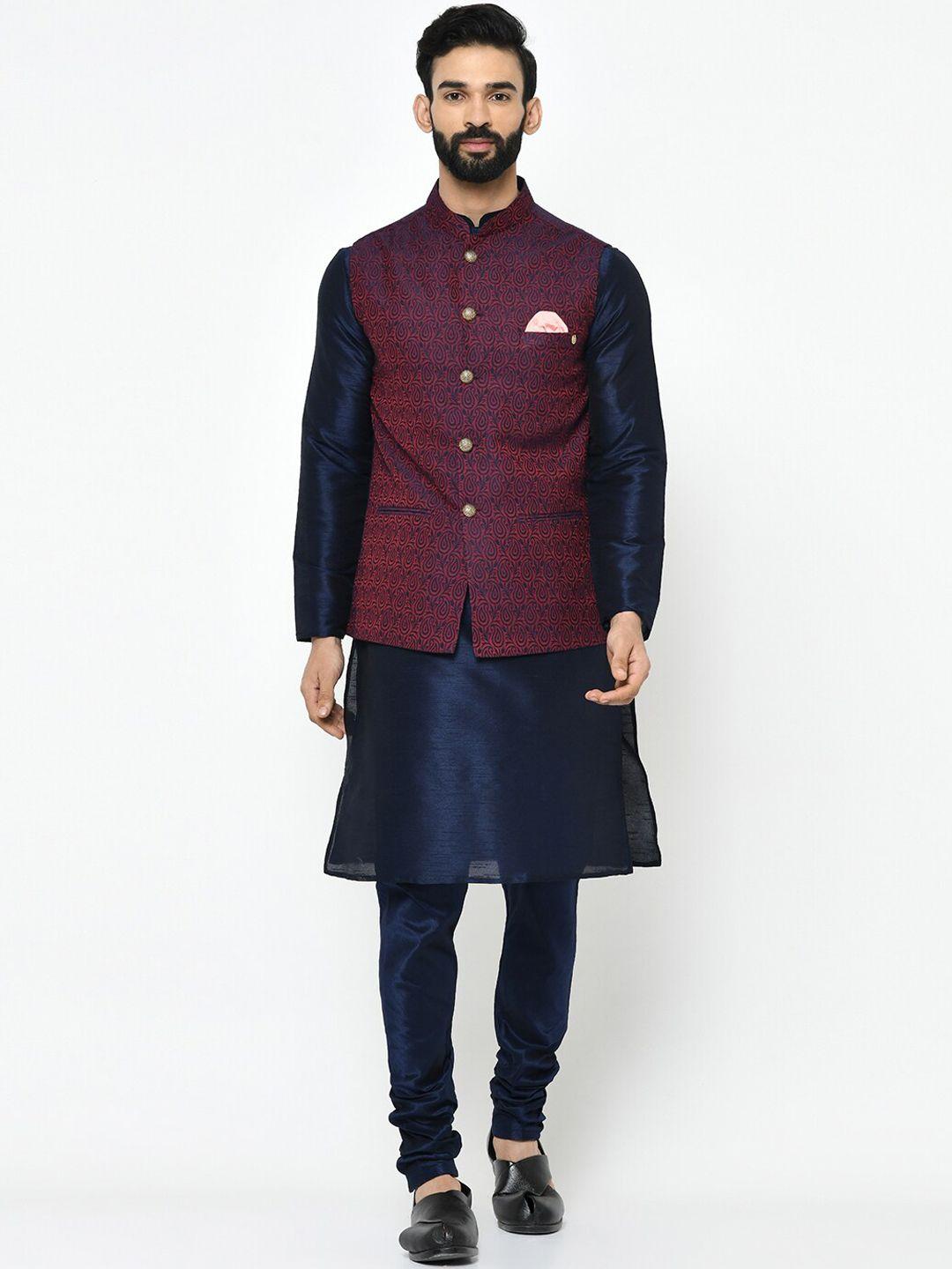 kisah men navy blue solid kurta set with nehru jacket