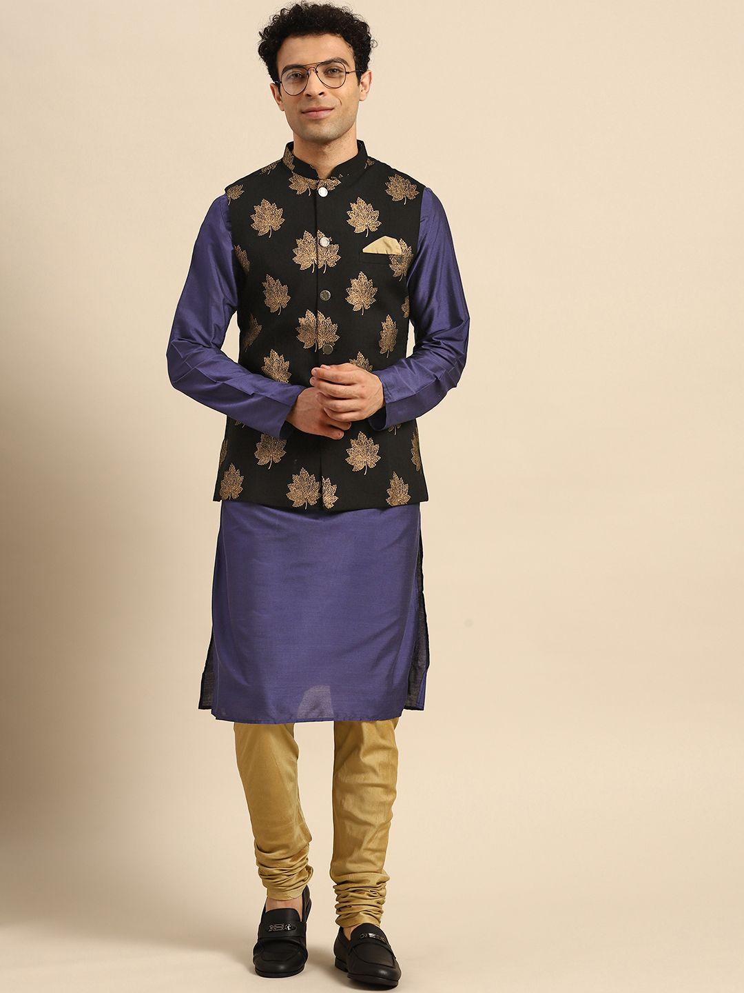 kisah men navy blue solid kurta with churidar & nehru jacket