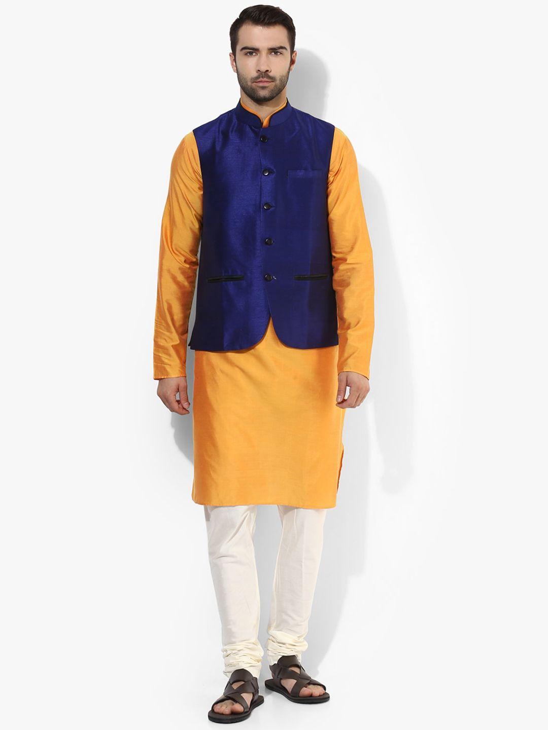 kisah men navy blue solid mandarin collar straight kurta with churidar & jacker
