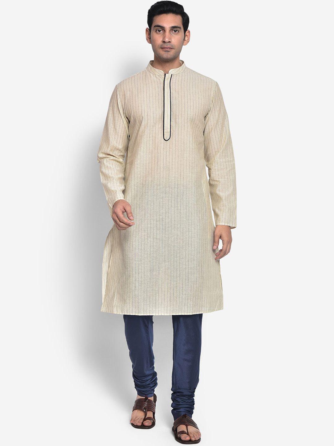 kisah men off white & blue embroidered kurta with churidar