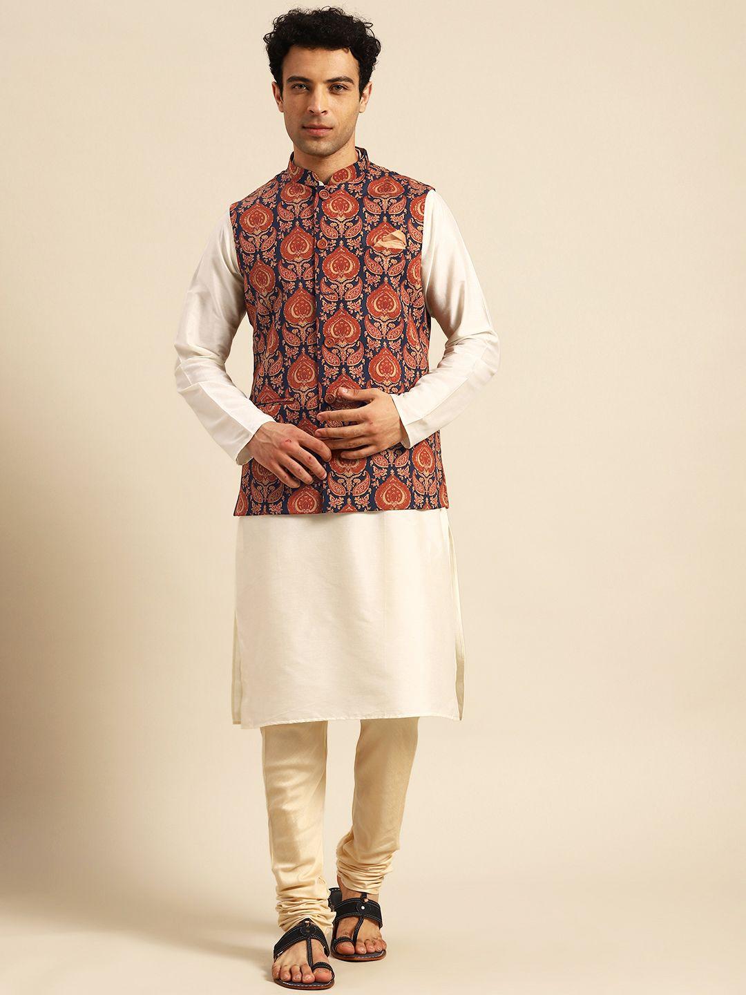 kisah men off white ethnic motifs printed kurta jacket set with churidar